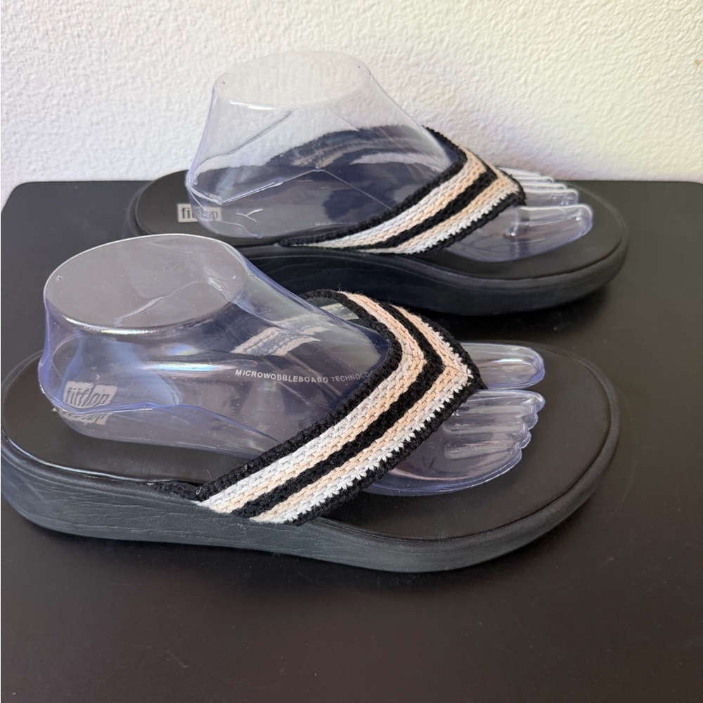 Women’s Black & Cream Woven-Stripe Slide Sandals